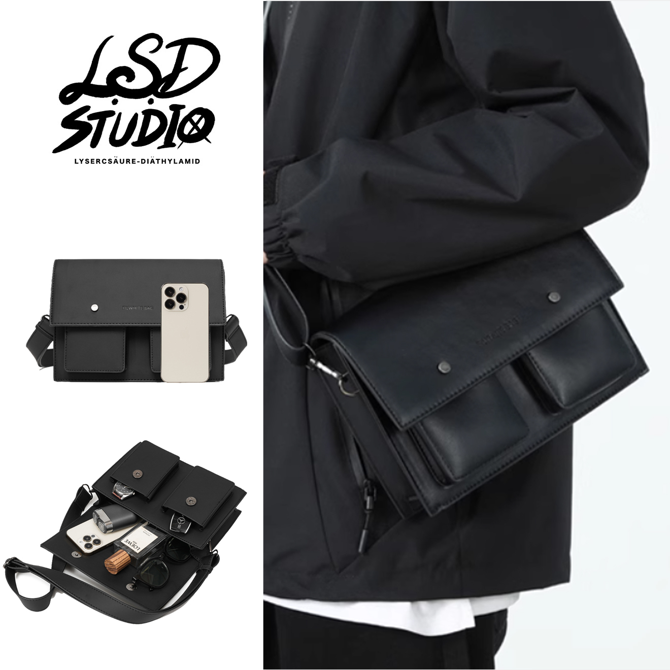 【BGZC007】素面雙口袋設計掀蓋皮革方包