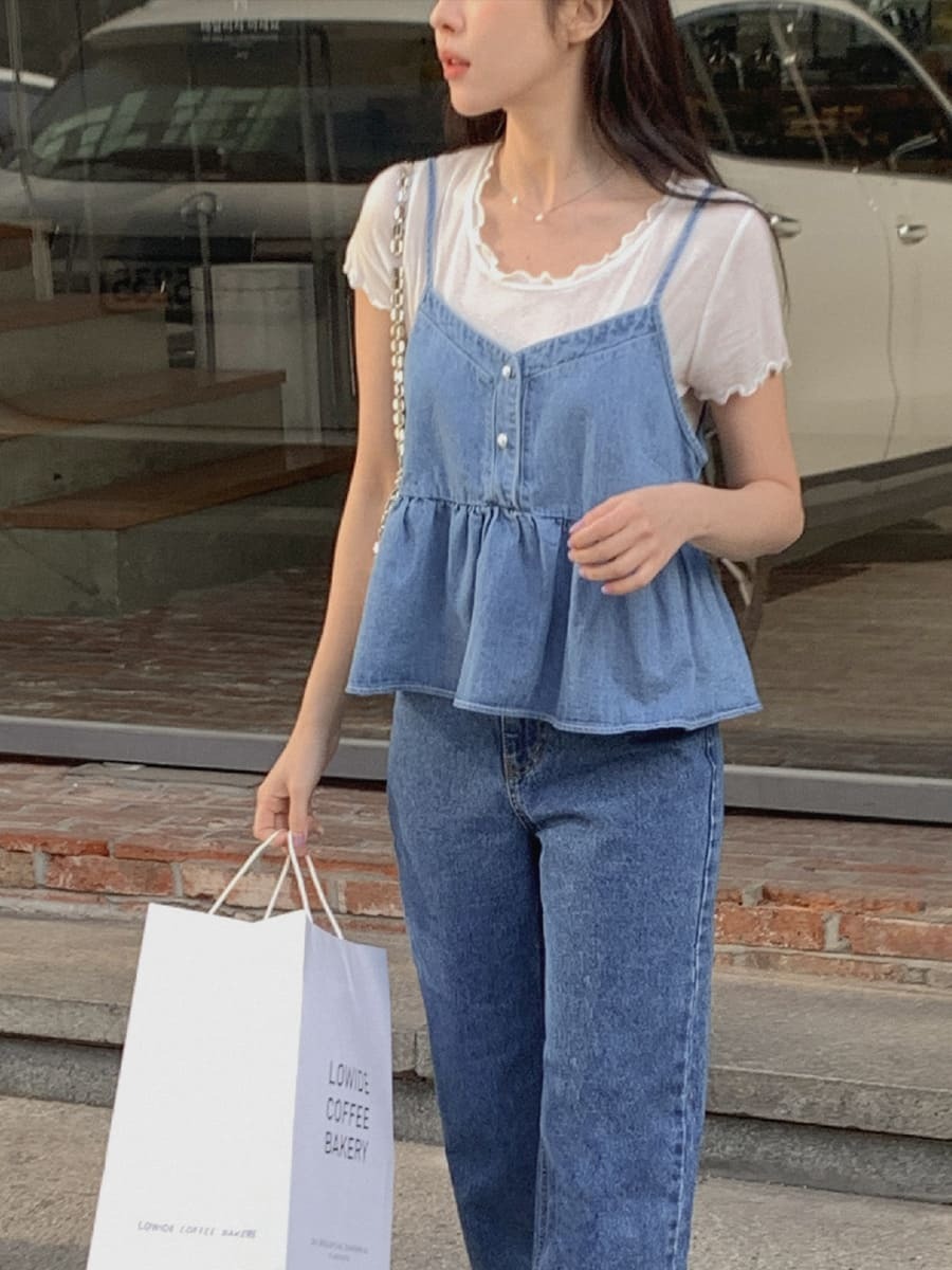 韓國Cherrykoko授權 俏皮牛仔風車線細節寬擺背心