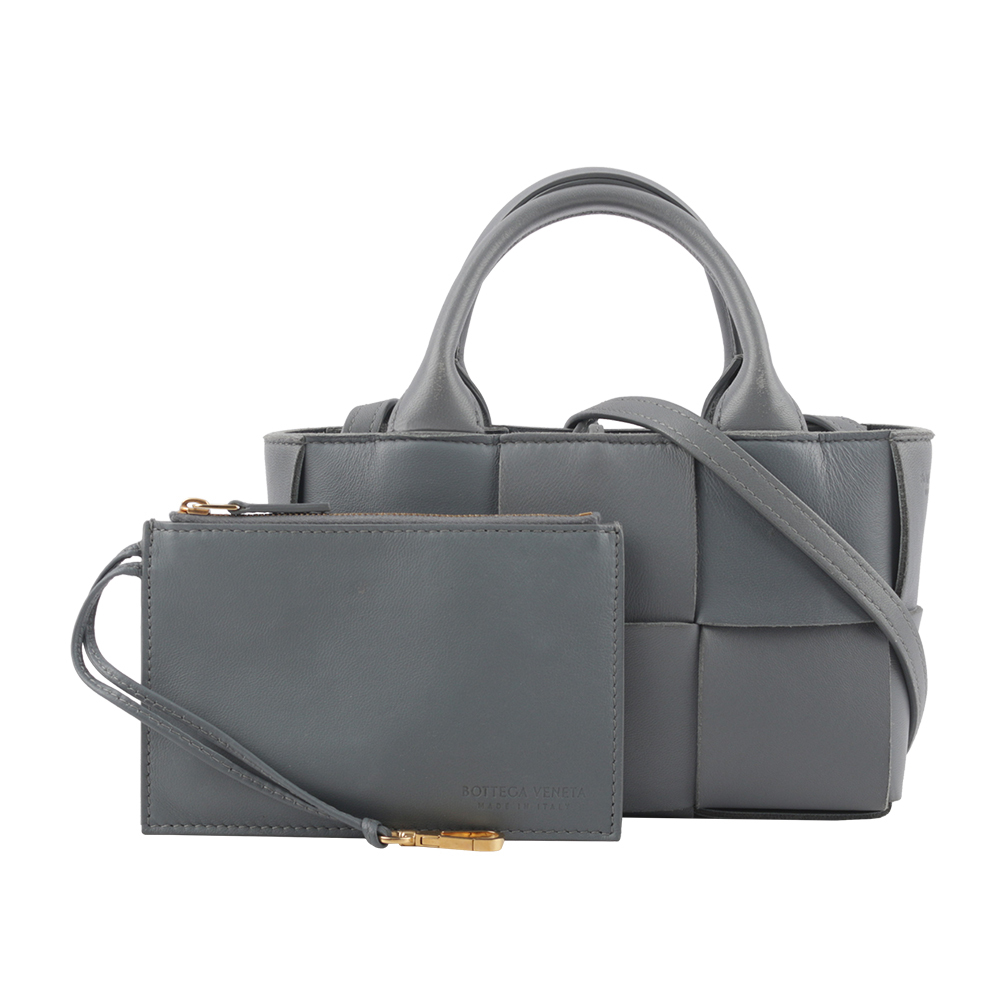 【BOTTEGA VENETA】Candy Arco 大格小羊皮編織迷你二用包(灰藍色)