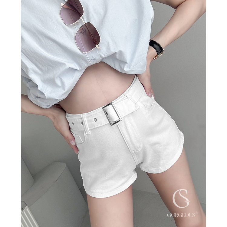 G5727 現貨「LE LIKE'皮帶牛仔彈力短褲」