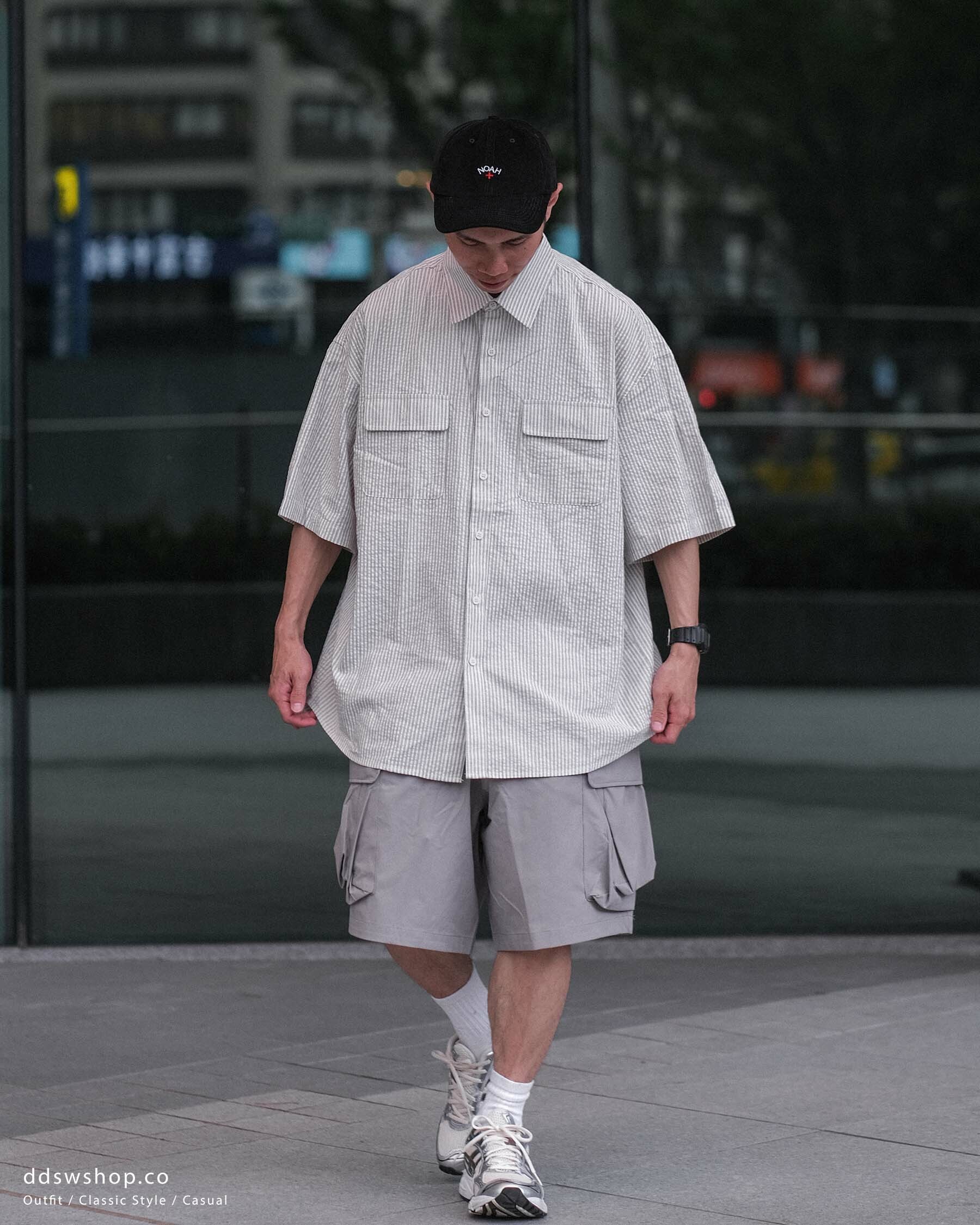 D.CLOSET 泡泡棉條紋口袋襯衫 白色 綠色