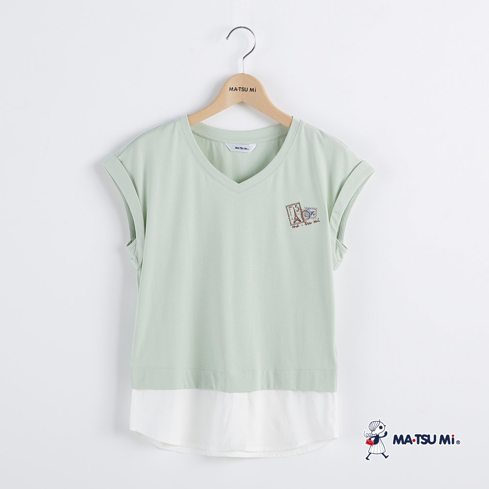 MA‧TSU Mi 撞色拼接設計郵戳繡花棉上衣(粉黃.草綠)
