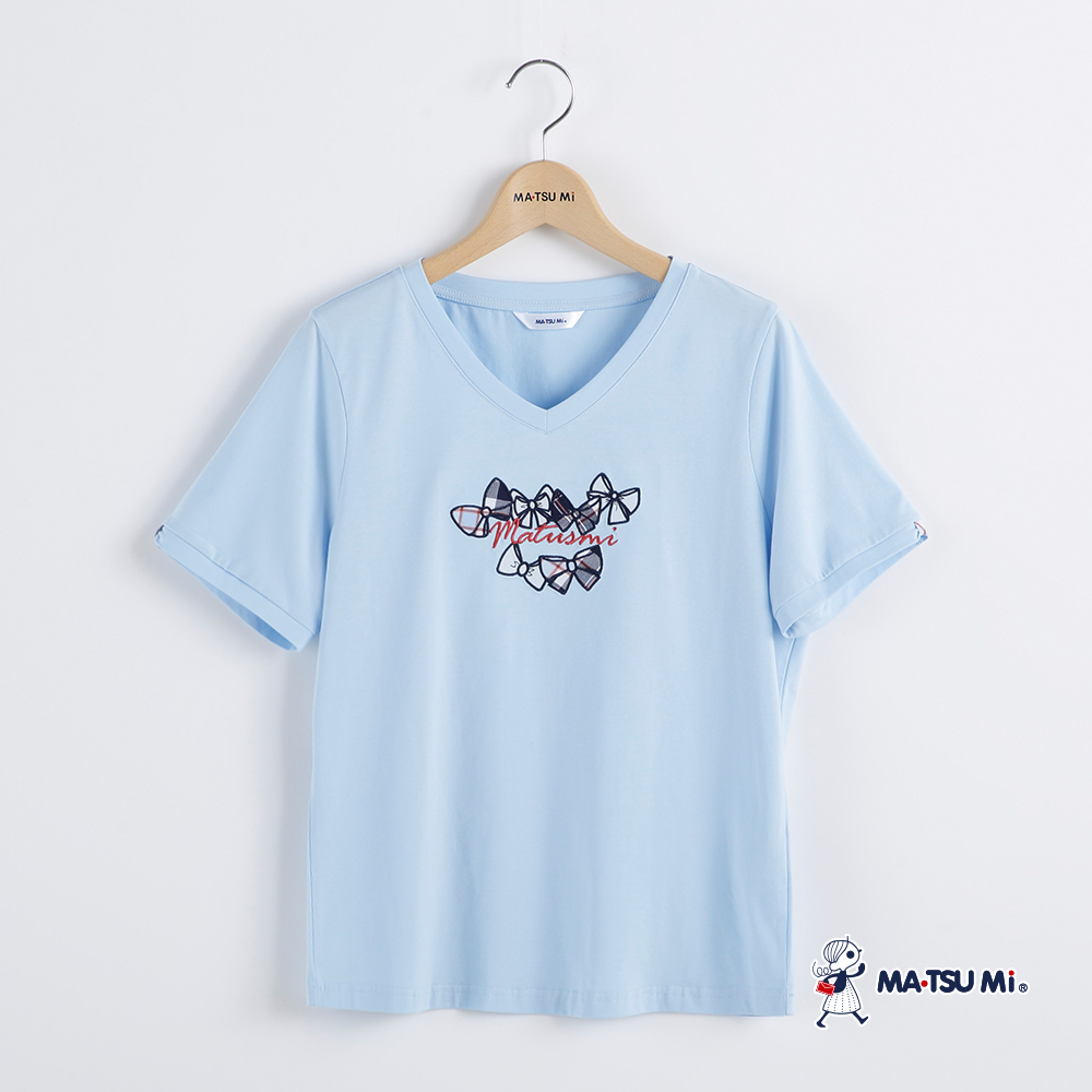 MA‧TSU Mi V領學院風格紋蝴蝶結上衣(白.水藍)