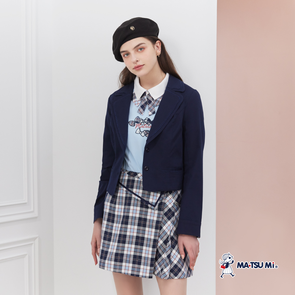 MA‧TSU Mi V領學院風格紋蝴蝶結上衣(白.水藍)