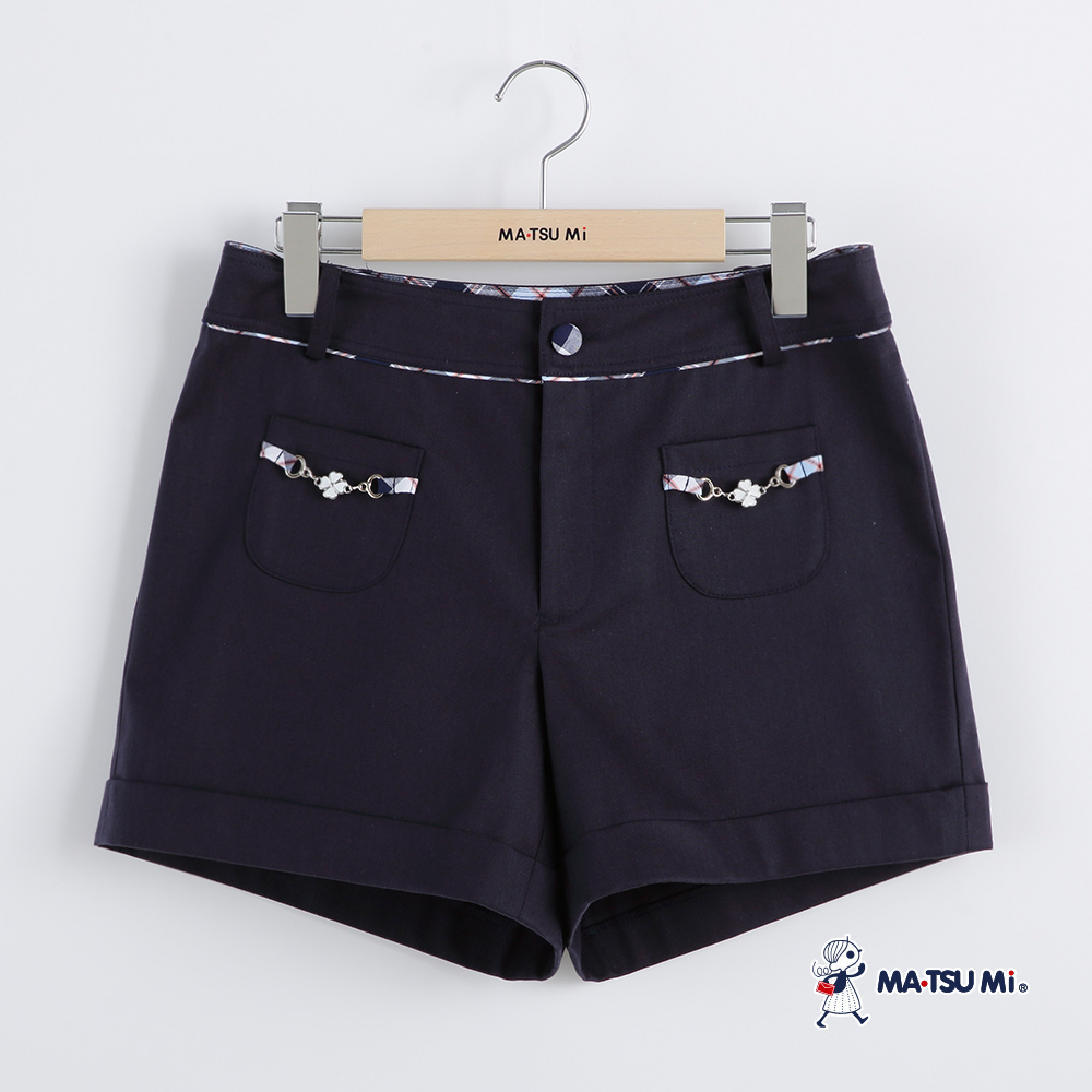 MA‧TSU Mi 格紋金屬鍊雙口袋造型反摺短褲(粉紅.深藍)