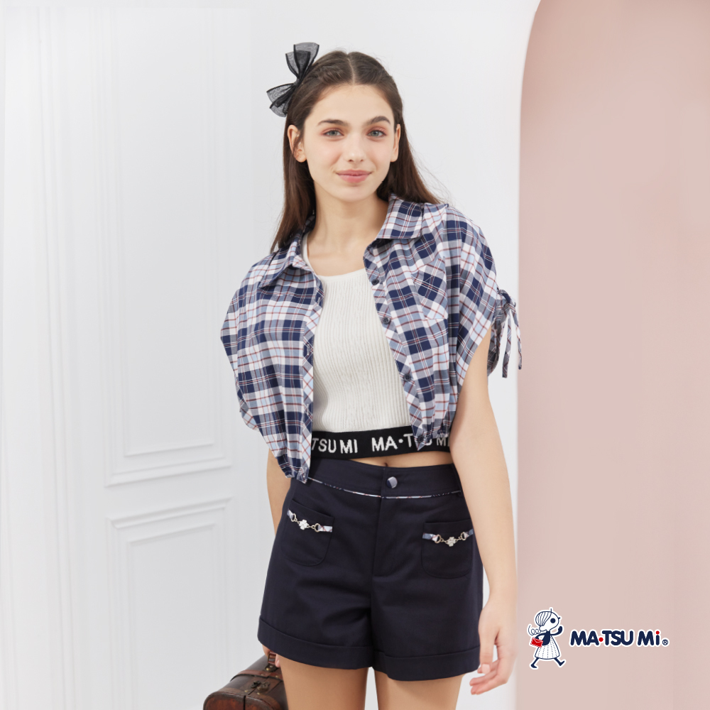 MA‧TSU Mi 格紋金屬鍊雙口袋造型反摺短褲(粉紅.深藍)