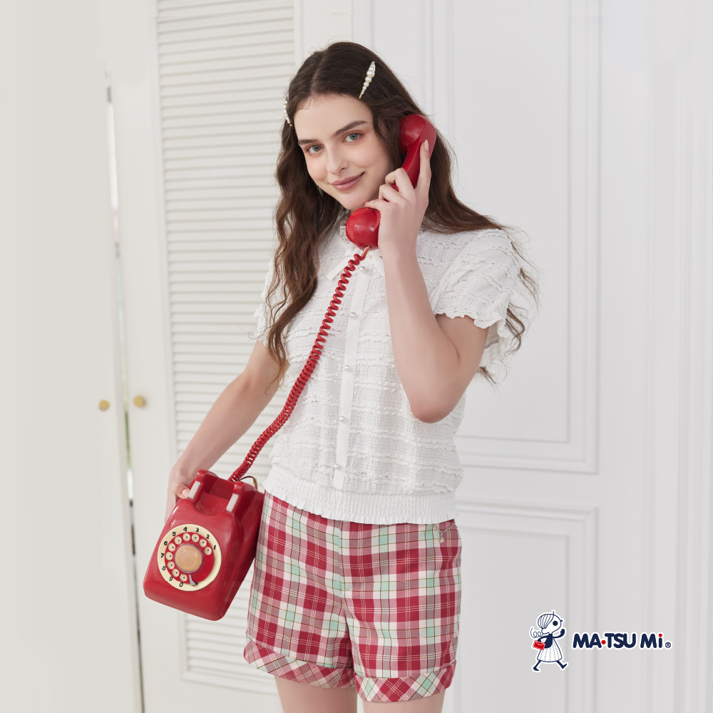 MA‧TSU Mi 金屬飾鍊撞色配色反摺格紋短褲(桃紅.深藍)