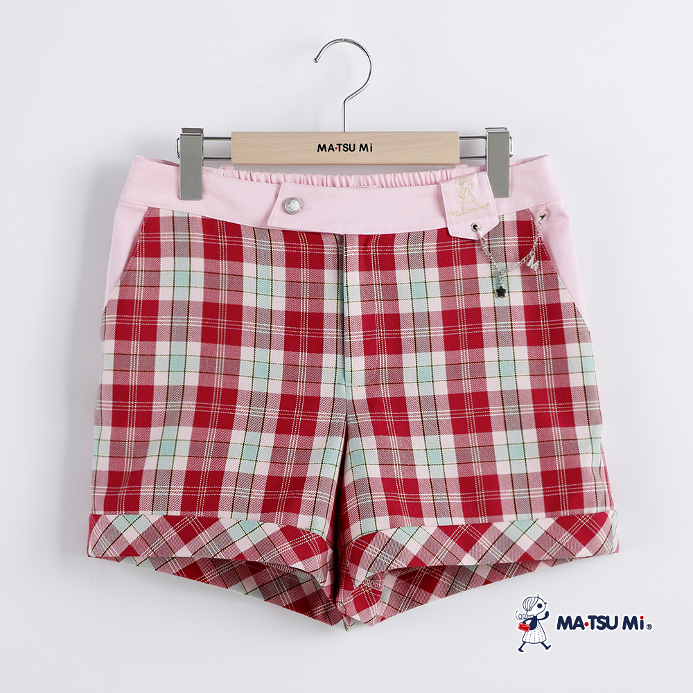 MA‧TSU Mi 金屬飾鍊撞色配色反摺格紋短褲(桃紅.深藍)
