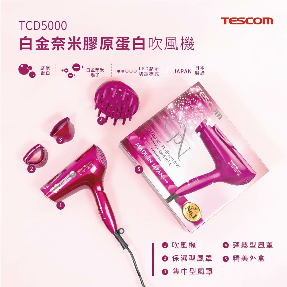 【日本 TESCOM】白金奈米膠原蛋白吹風機(桃紅色)-TCD5000