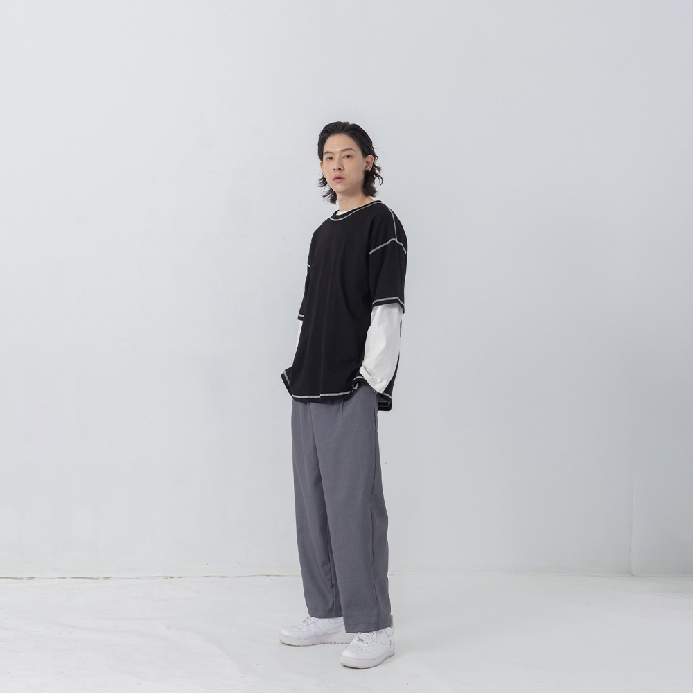 Wide-fit top with contrasting stitching four colors S/M/L/XL【01039873】in stock+pre-order