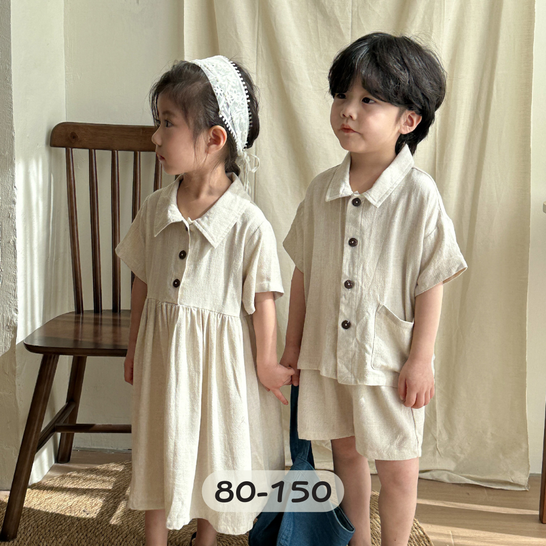 【限量】米色棉麻短袖套裝/洋裝