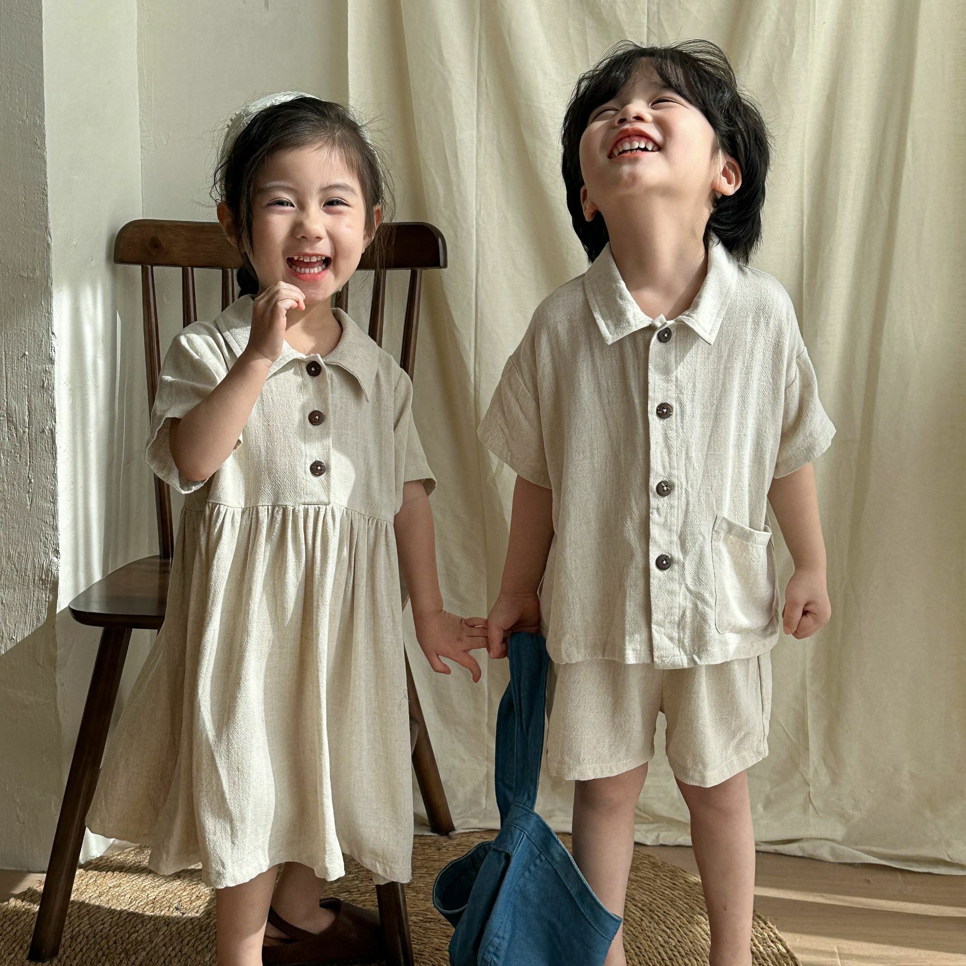 【限量】米色棉麻短袖套裝/洋裝