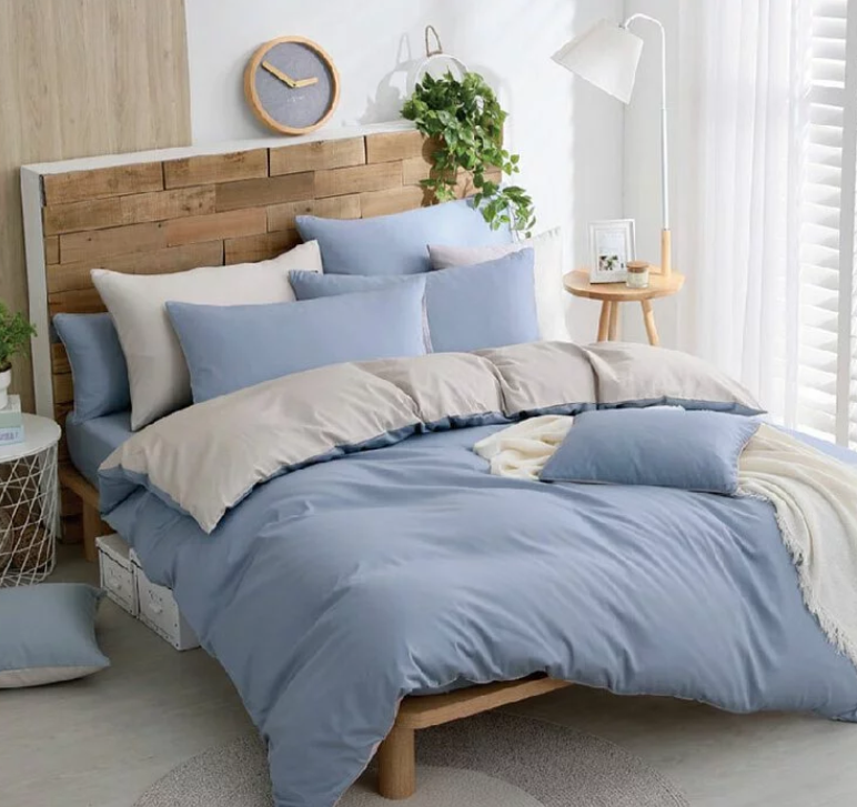 300織長絨棉床包兩用被組 | 戀藍 x 淺米灰