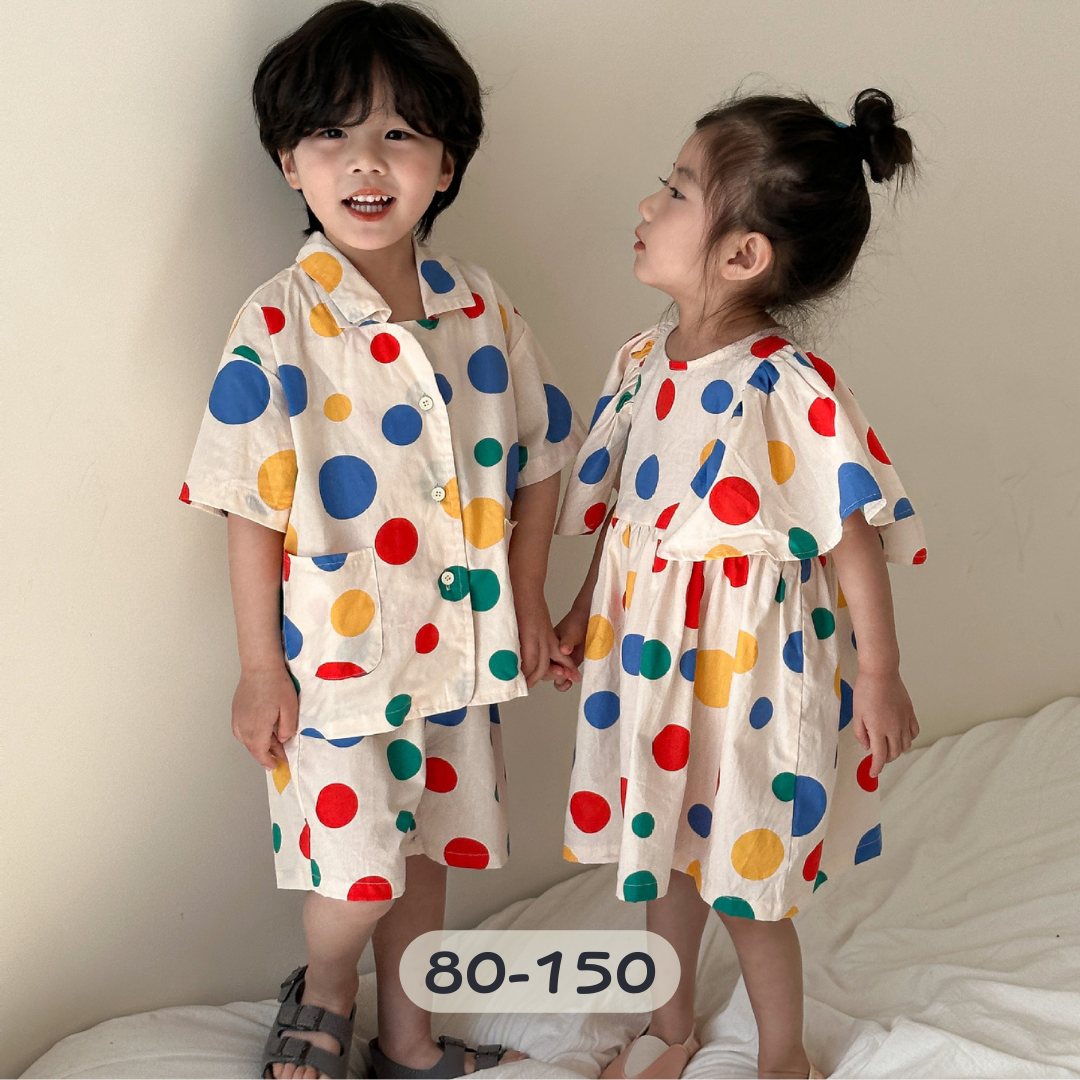 彩色波點短袖套裝/洋裝