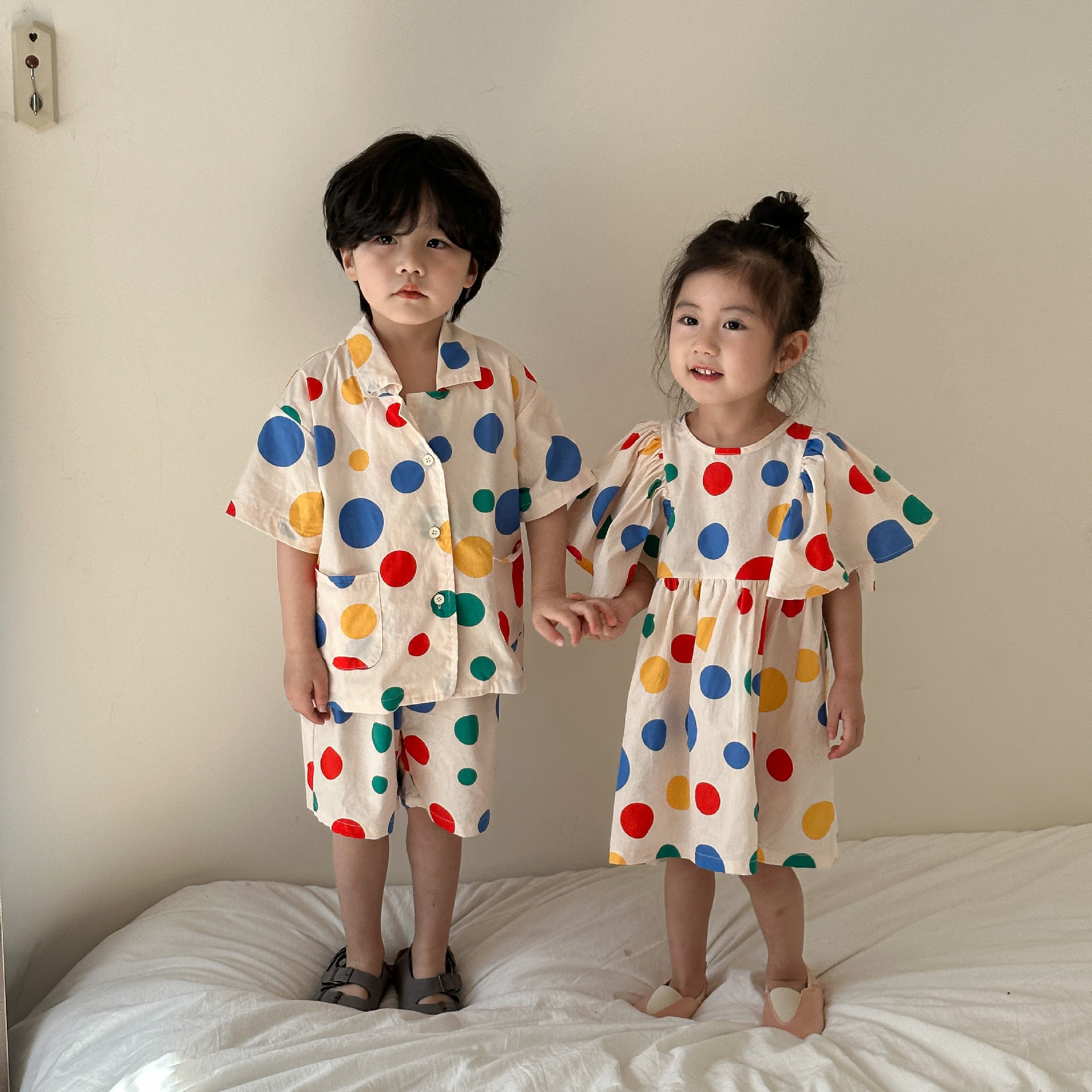 彩色波點短袖套裝/洋裝