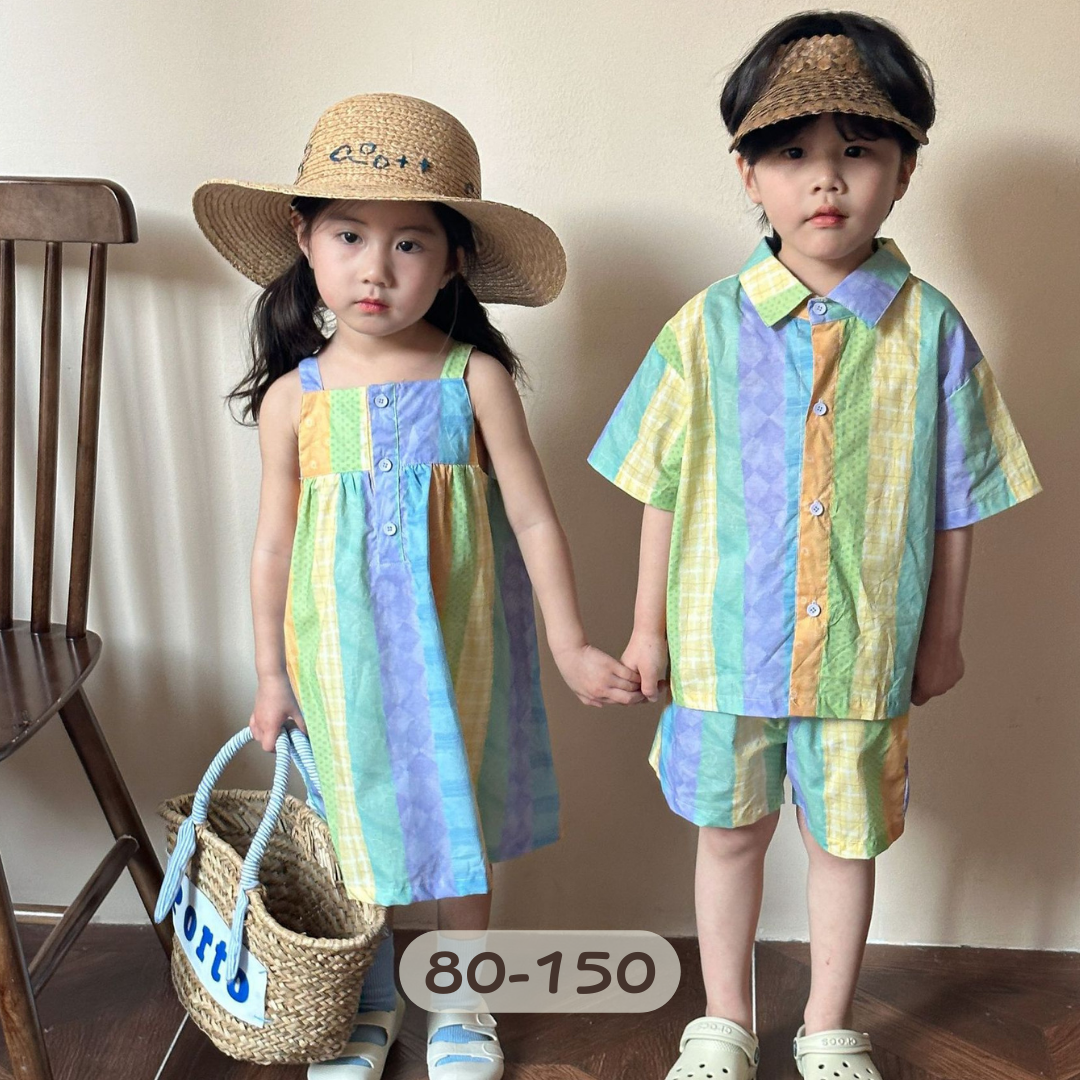 螢光拚色短袖套裝/洋裝