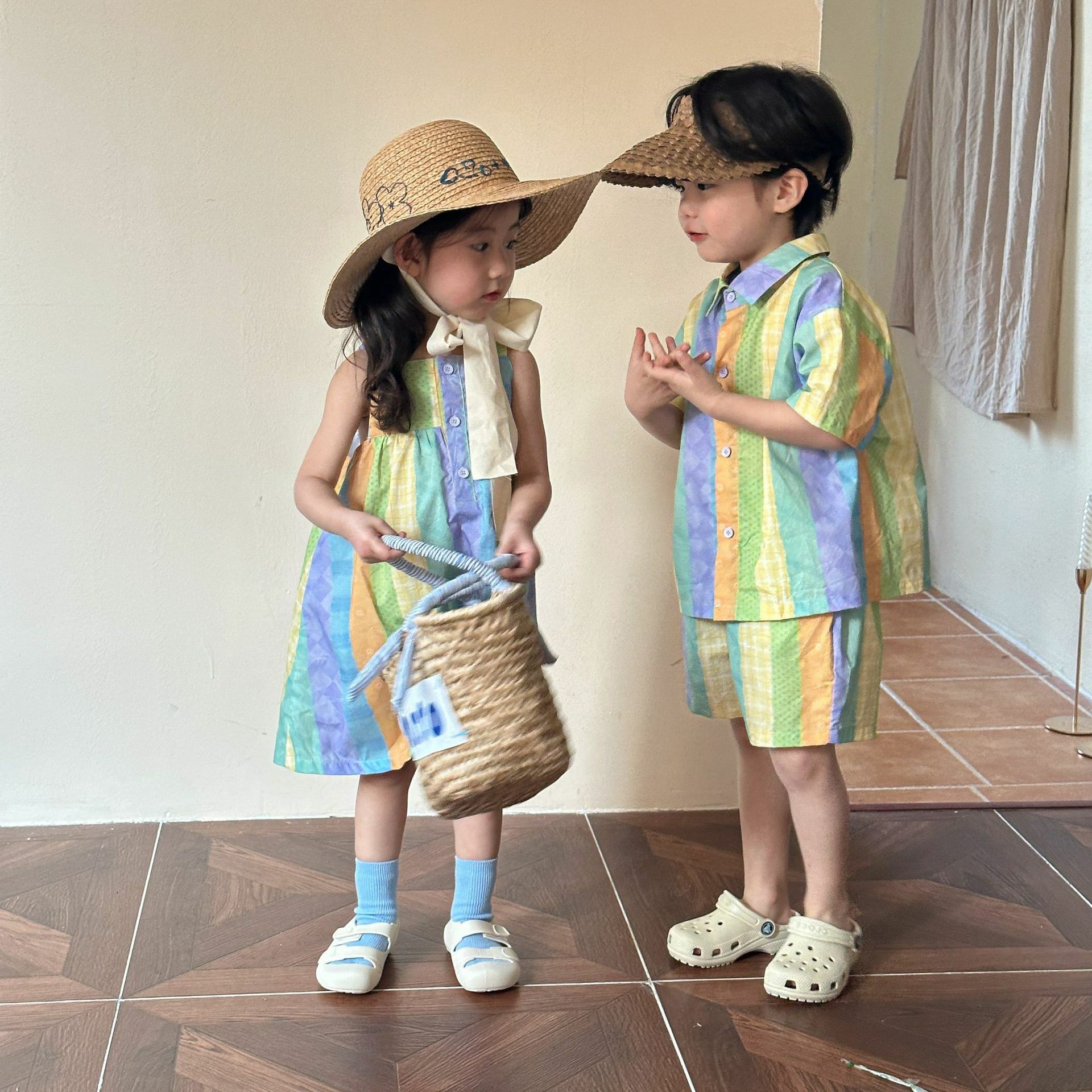 螢光拚色短袖套裝/洋裝