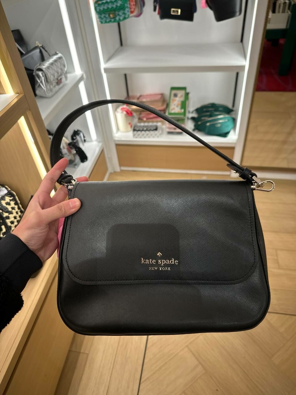 [S] KATE SPADE K9324 STACI SAFFIANO LEATHER FLAP SHOULDER BAG,BLACK, 196021190001 (SKS1046)