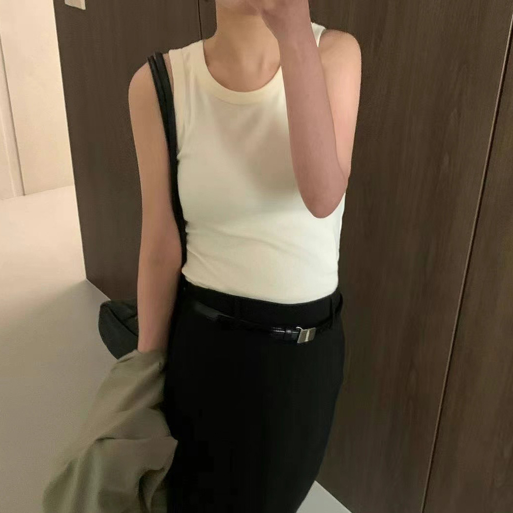 微削肩骨感背心(白/粉紫)