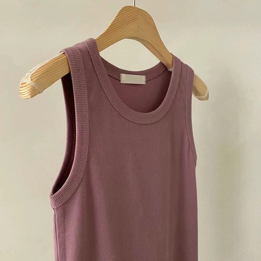 微削肩骨感背心(白/粉紫)