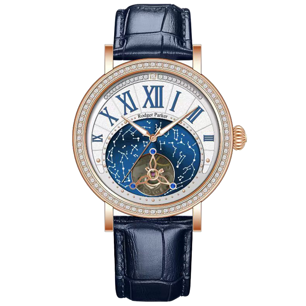 【Rodger Parker 羅杰帕克】RGP-002行星系列鑲真鑽錶盤真牛皮錶帶12點字位自動上鍊機械錶-