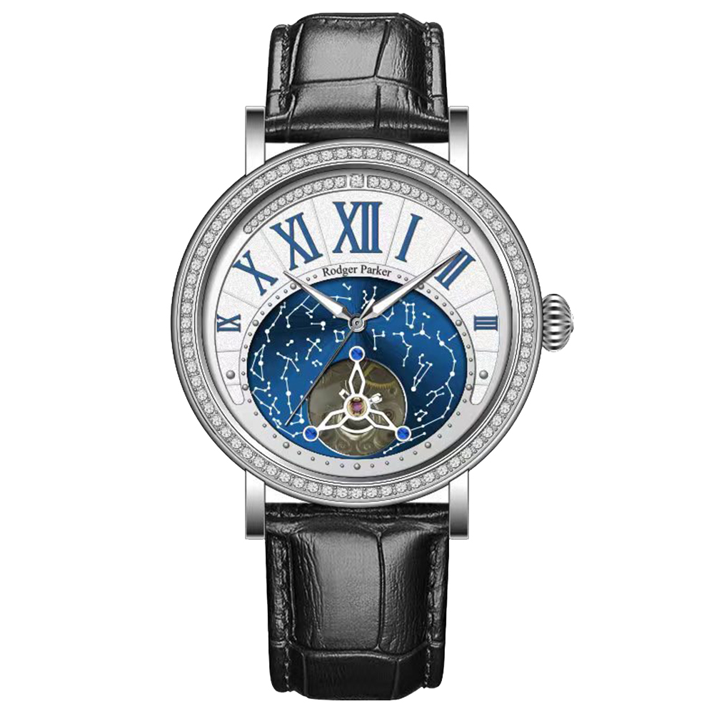 【Rodger Parker 羅杰帕克】RGP-002行星系列鑲真鑽錶盤真牛皮錶帶12點字位自動上鍊機械錶-