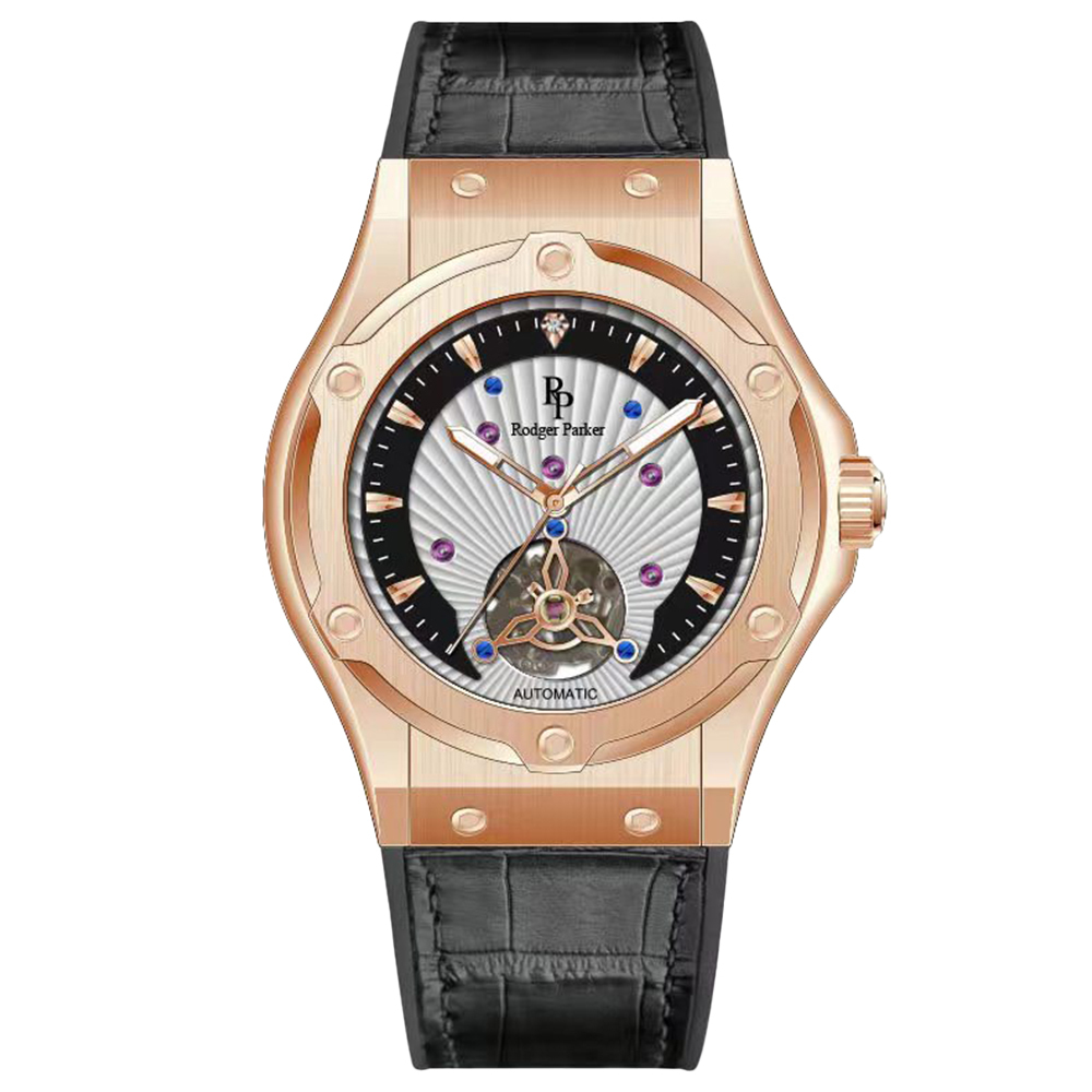 【Rodger Parker 羅杰帕克】RGP-003極光系列鑲真鑽錶盤真牛皮蝴蝶扣錶帶12點字位自動上鍊機械錶-