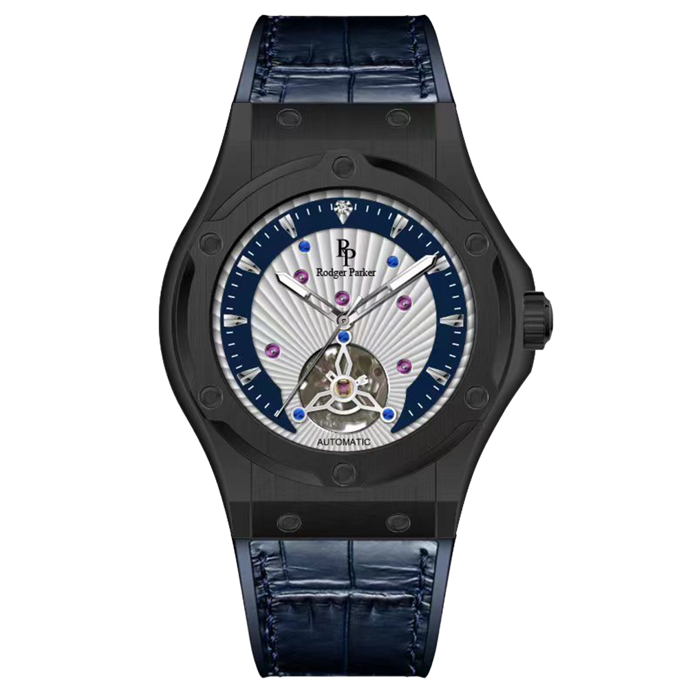 【Rodger Parker 羅杰帕克】RGP-003極光系列鑲真鑽錶盤真牛皮蝴蝶扣錶帶12點字位自動上鍊機械錶-