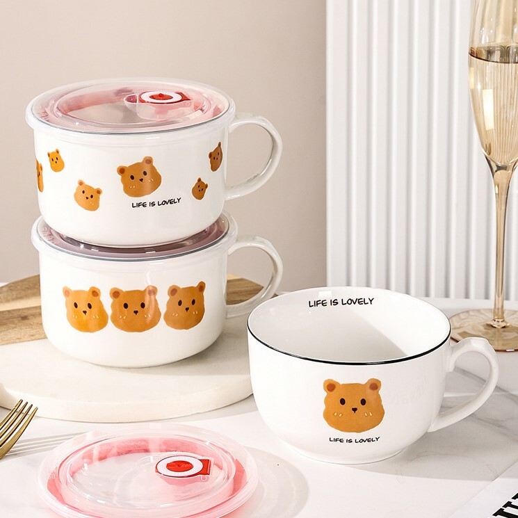 《4016》白底小熊陶瓷手柄泡麵碗