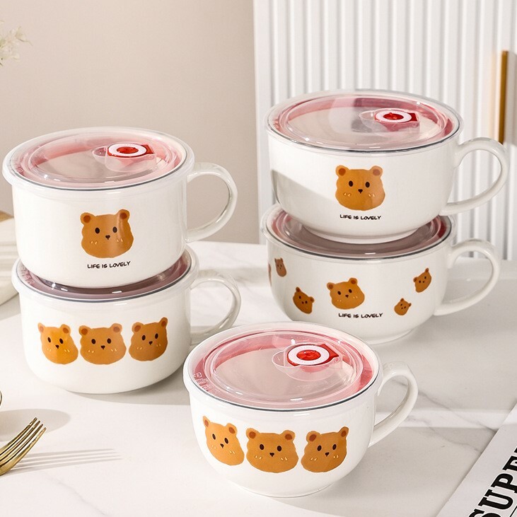 《4016》白底小熊陶瓷手柄泡麵碗