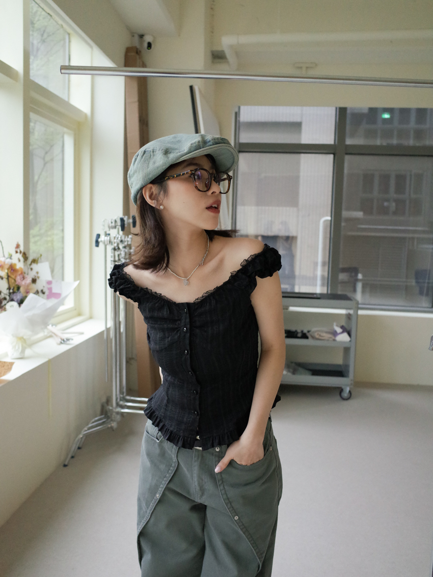 Chloé sheer stripe ruffled sleeve corset detail top