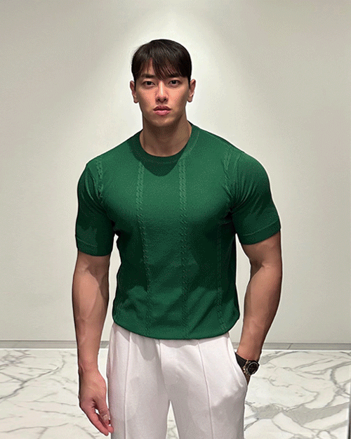 克林頓麻花紋亞麻肌肉針織短袖T恤