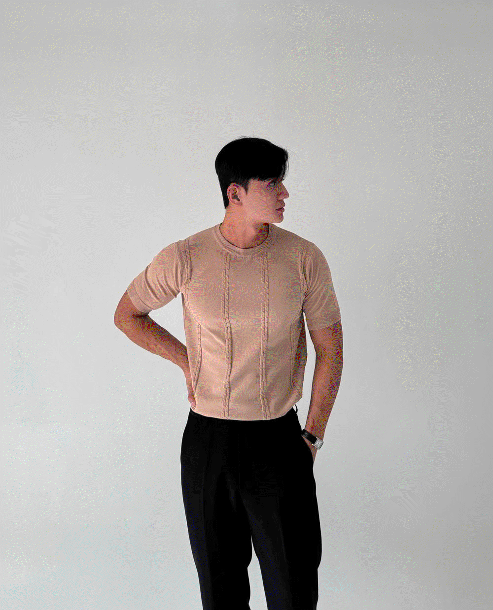 克林頓麻花紋亞麻肌肉針織短袖T恤