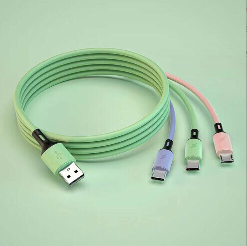 液態矽膠一拖三數據線3a快充三合一手機充電線（1.2米液態一拖三--裸線-三色）