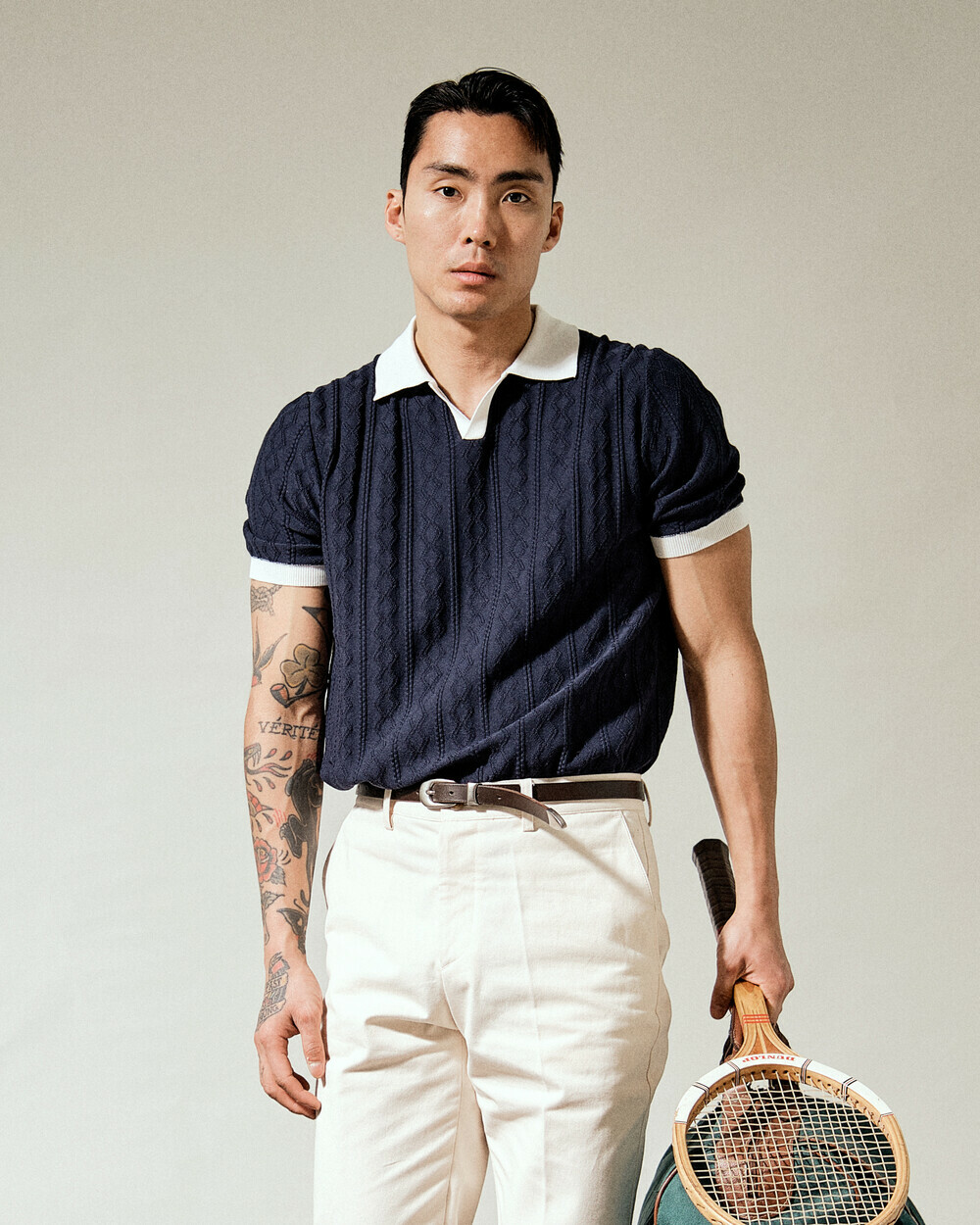 義大利配色冰亞麻領子針織短袖T恤