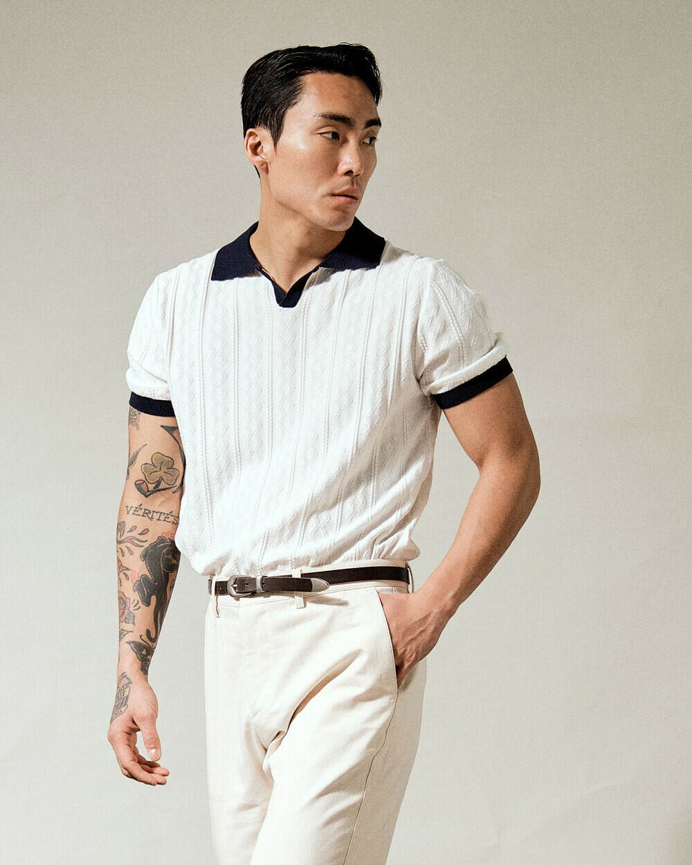 義大利配色冰亞麻領子針織短袖T恤