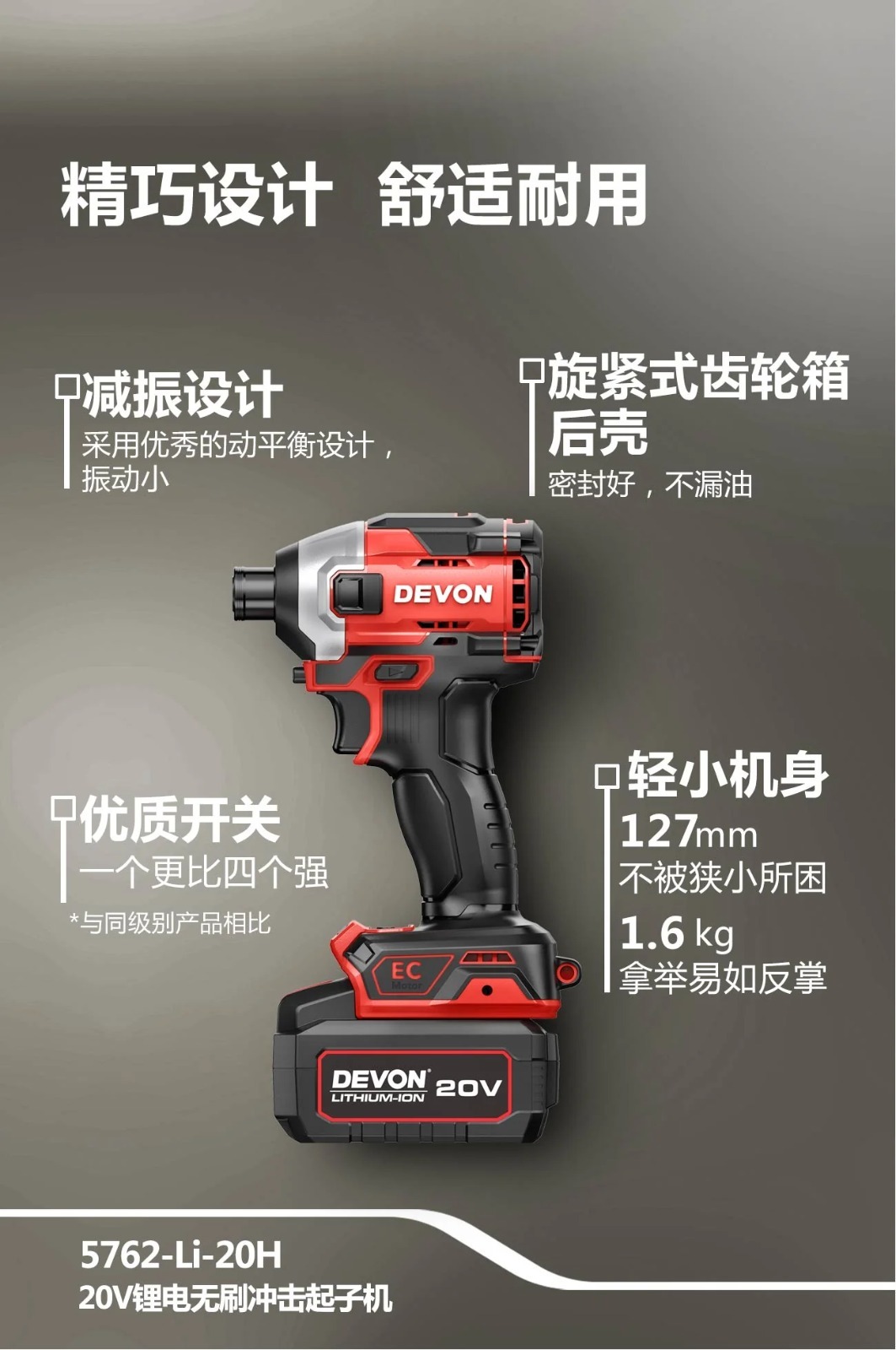 大有DEVON 充電衝擊批(240N.M)(鋰20V)(無刷)(淨機) 5762-Li-20H