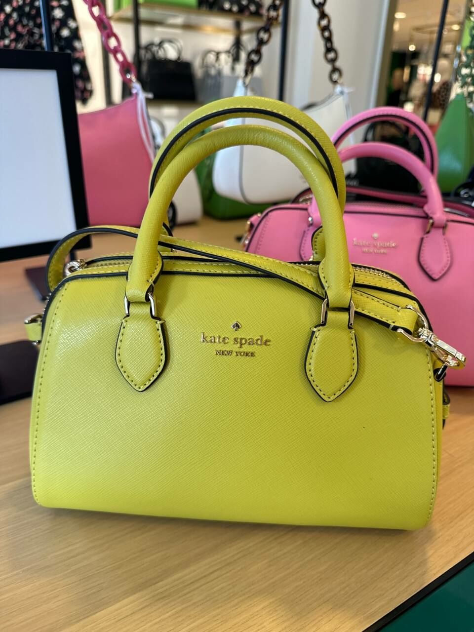 [S] KATE SPADE KF493 MADISON SAFF LEATHER DUFFLE CROSSBODY,LIME SLICE, 196021439247 (SKS1049)