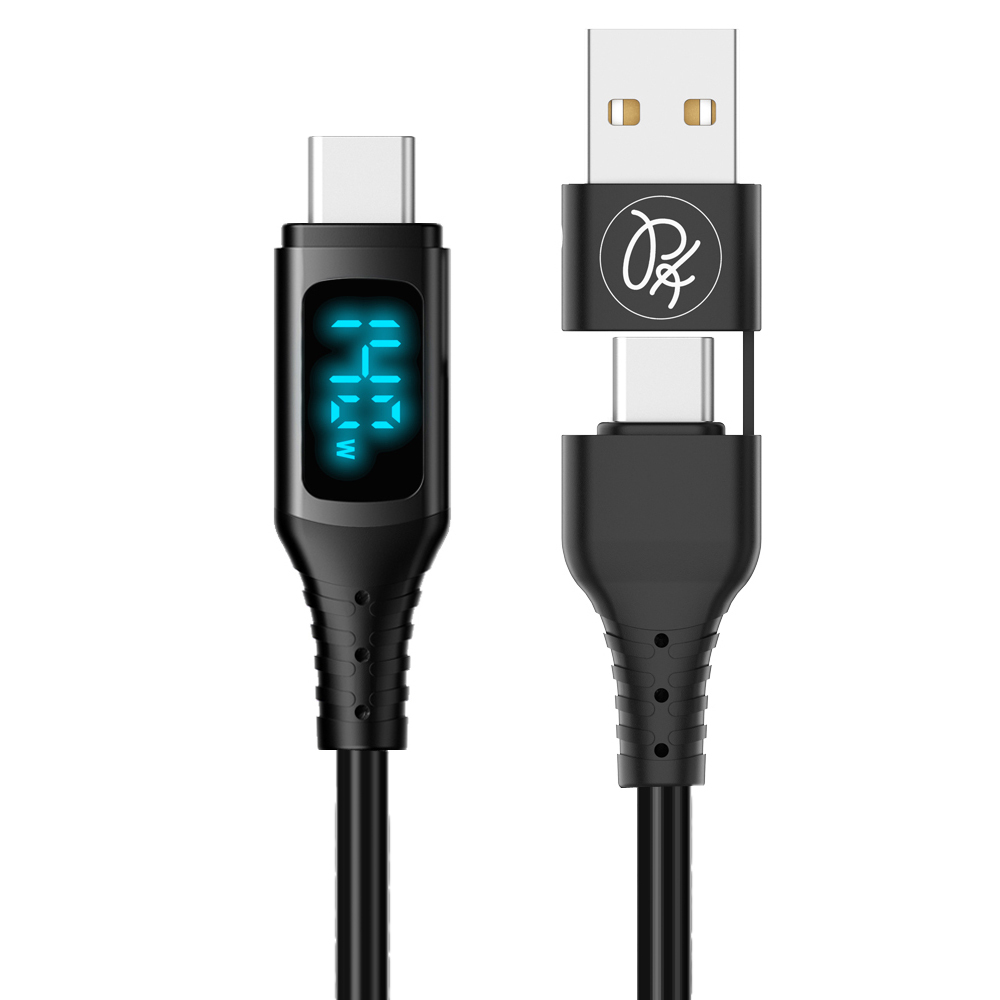 PICKOGEN 皮克全 140W快充 二合一 雙Type-C/USB-A TO Type-C PD充電傳輸線 液態矽膠 數顯 QC4.0 神速 1.2M