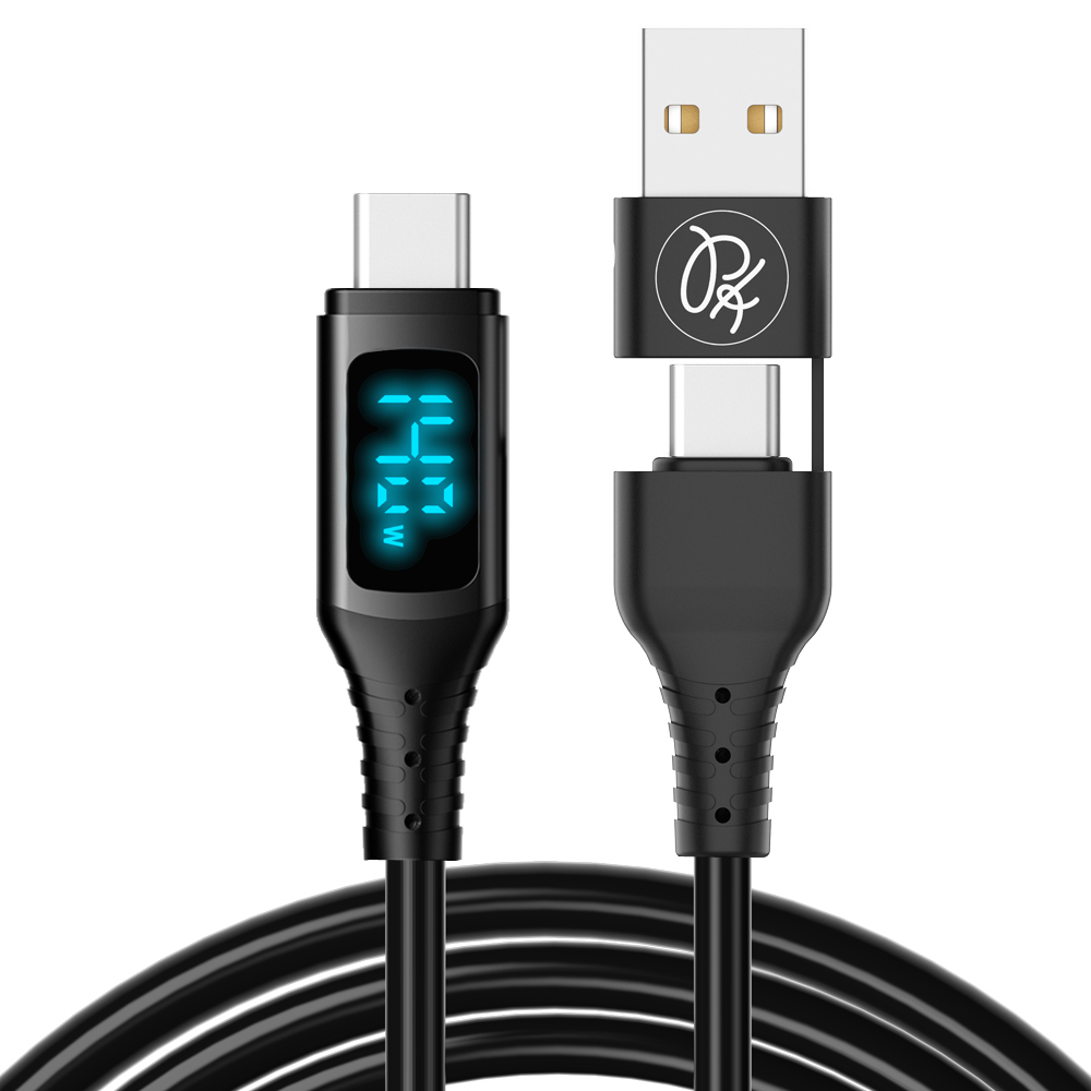 PICKOGEN 皮克全 140W快充 二合一 雙Type-C/USB-A TO Type-C PD充電傳輸線 液態矽膠 數顯 QC4.0 神速 1.8M