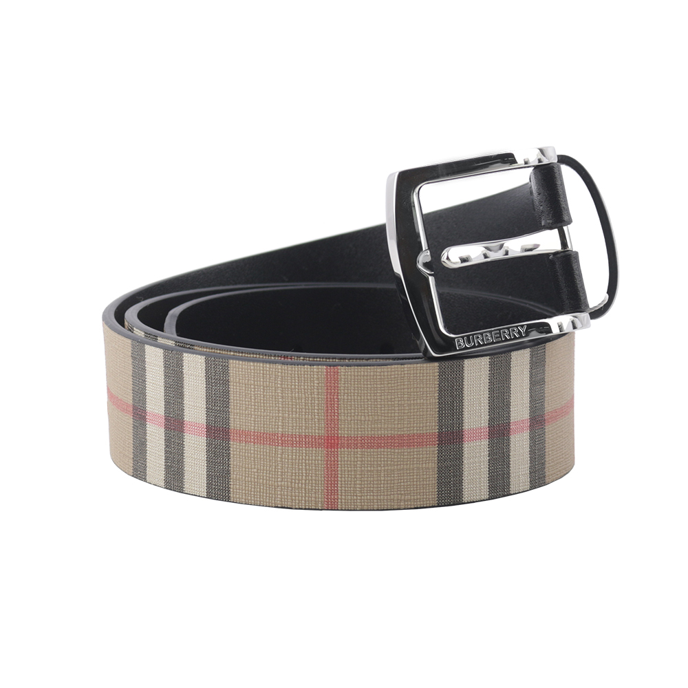 【BURBERRY】銀色方釦經典帆布拼牛皮寬3.5cm/80cm皮帶