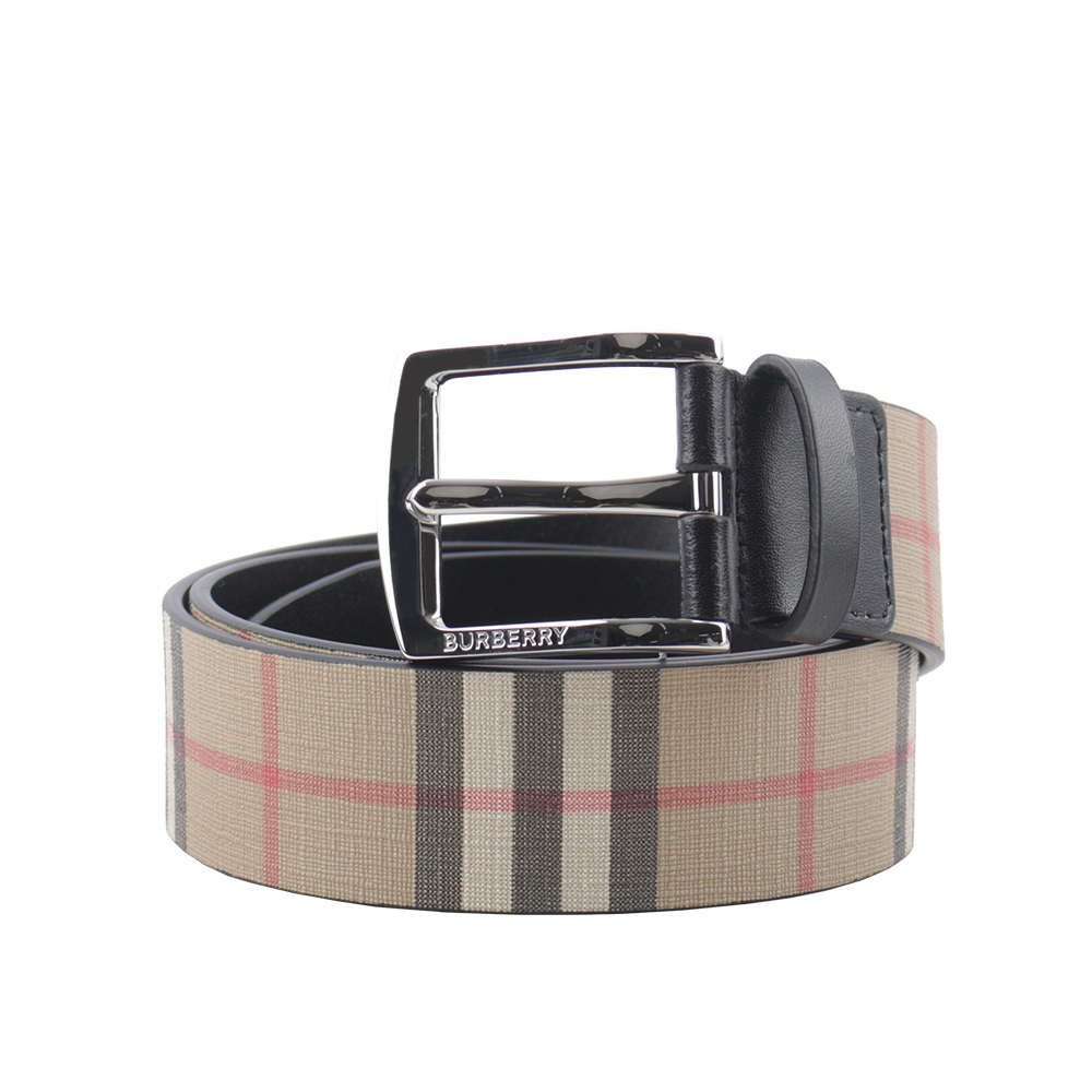 【BURBERRY】銀色方釦經典帆布拼牛皮寬3.5cm/80cm皮帶