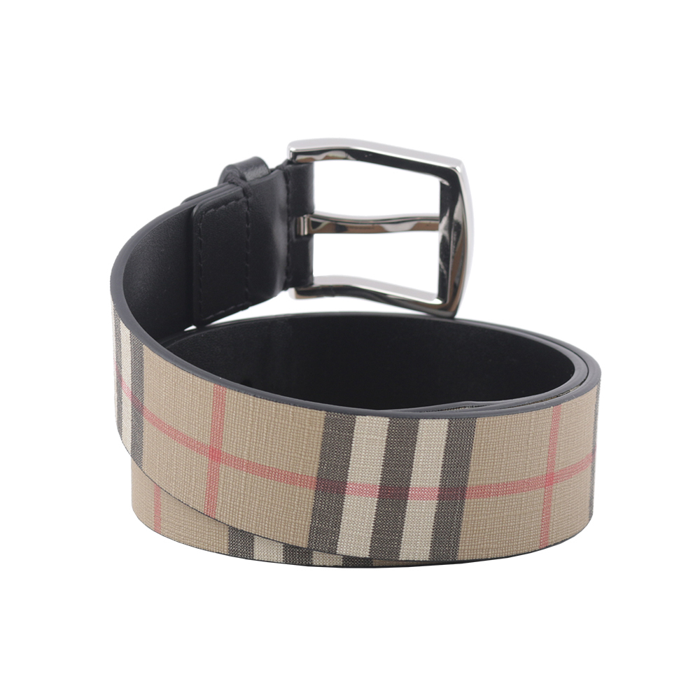 【BURBERRY】銀色方釦經典帆布拼牛皮寬3.5cm/80cm皮帶(米色) 80527821