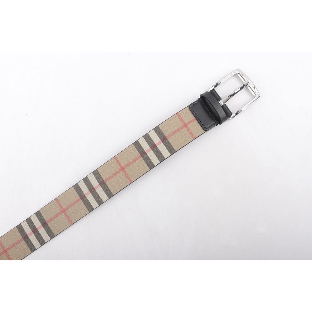 【BURBERRY】銀色方釦經典帆布拼牛皮寬3.5cm/80cm皮帶(米色) 80527821
