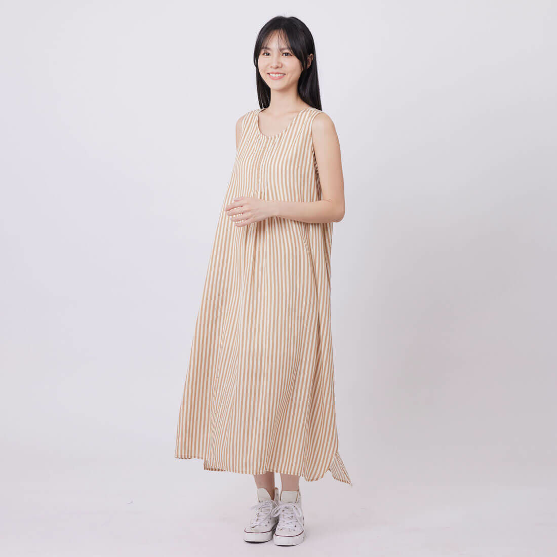 Nana無袖前摺直條印花洋裝/白駝細條