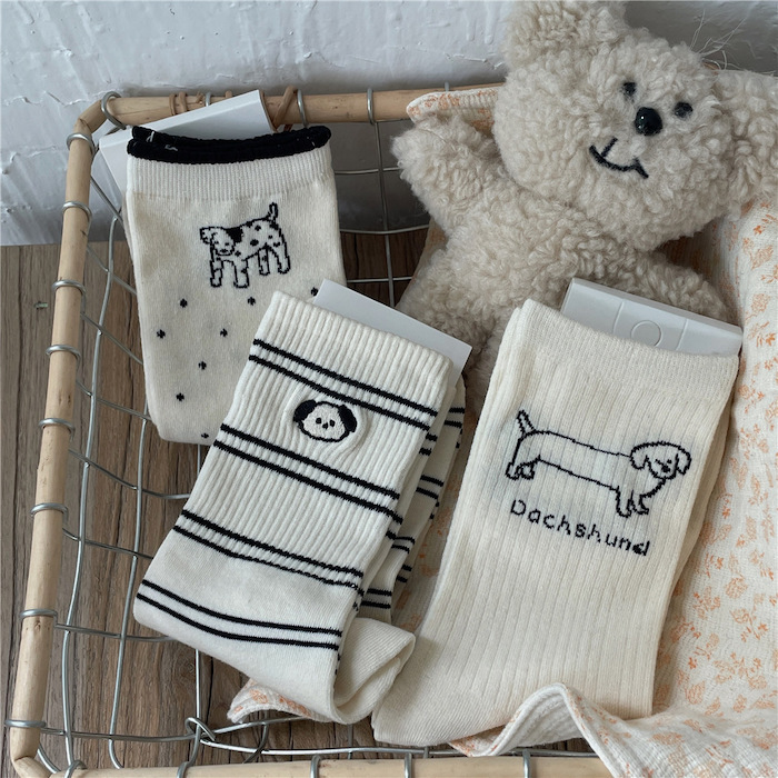 《41644》韓國黑白條紋狗狗系列短襪
