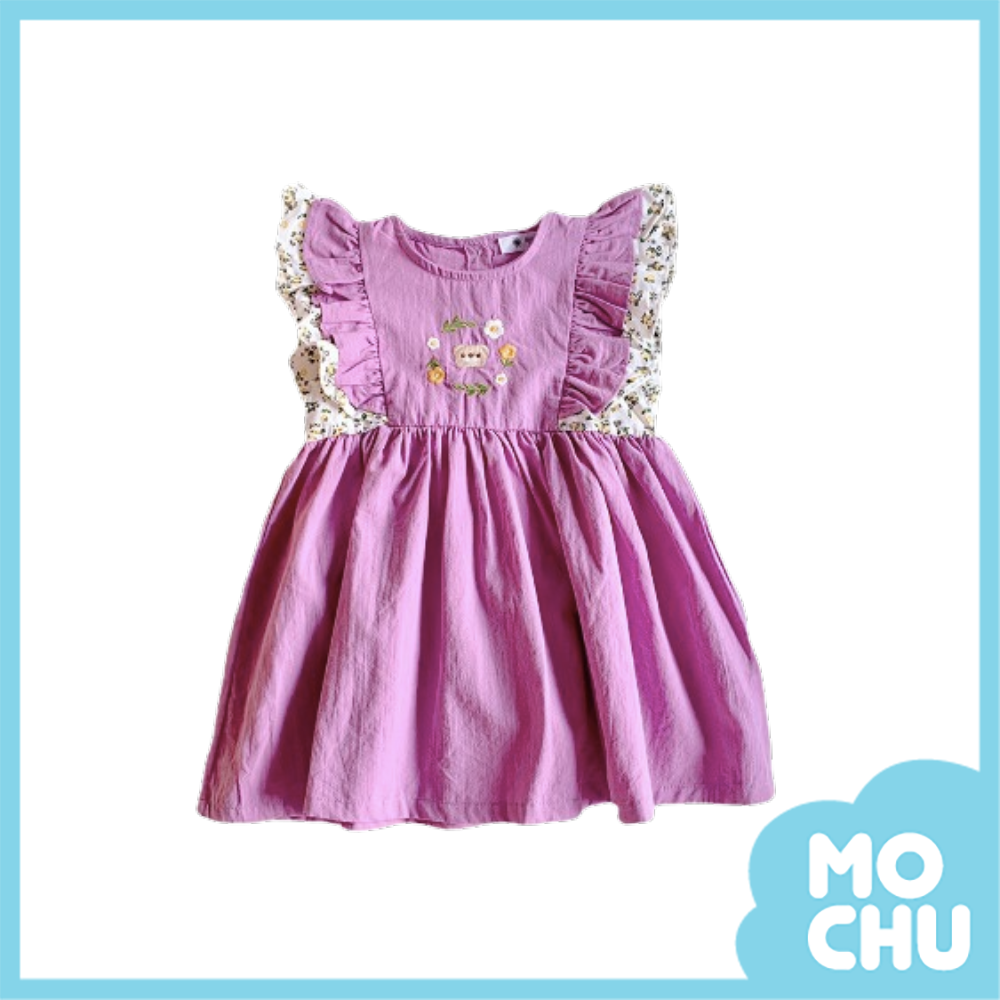 花與小熊刺繡飛袖洋裝(二色)