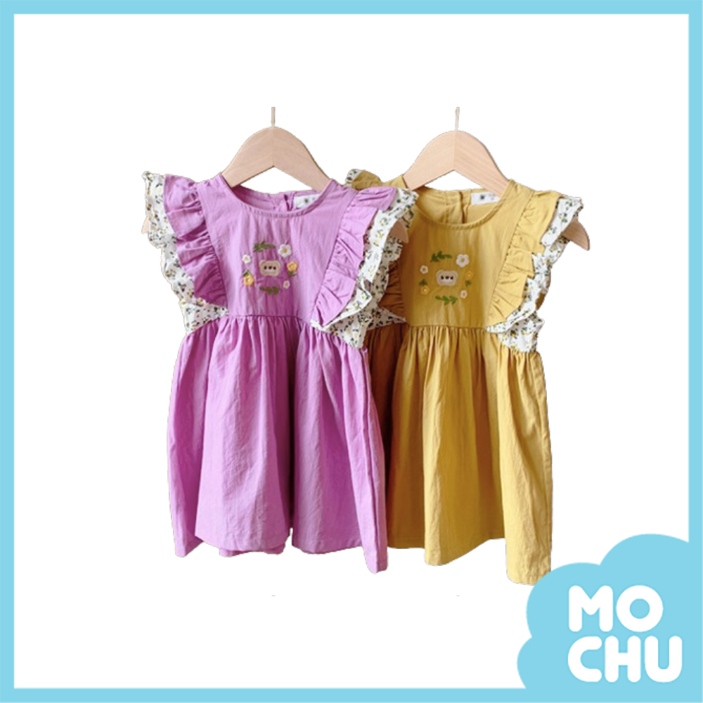 花與小熊刺繡飛袖洋裝(二色)