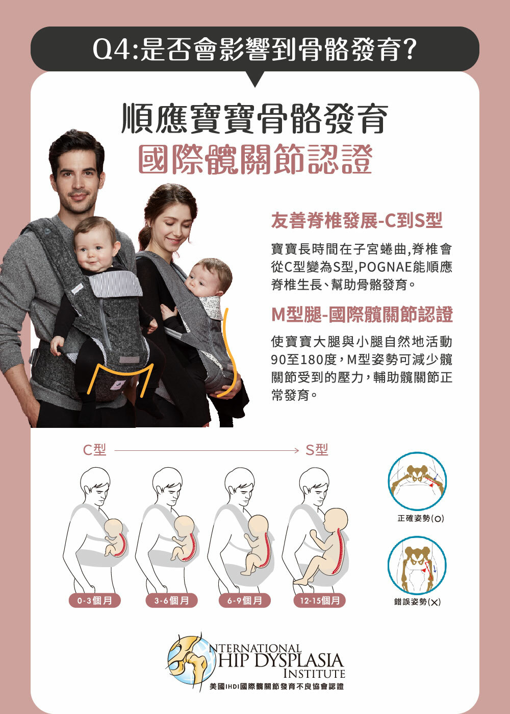 POGNAE背巾支援寶寶脊椎與髖關節健康發展,通過國際髖關節協會認證,M型腿與C到S型脊椎自然成長