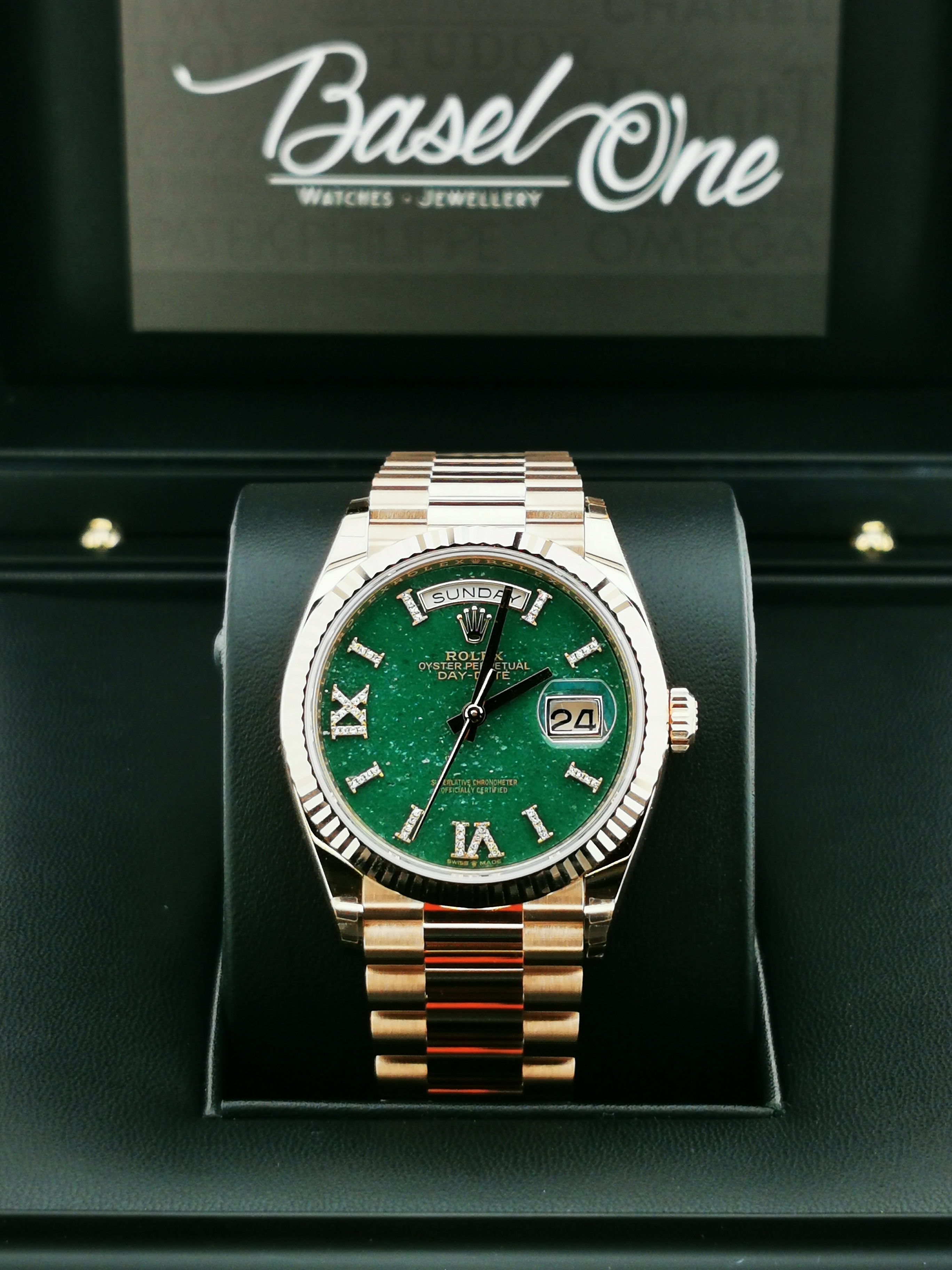 BRAND NEW ROLEX 128235 DIAMOND GREEN AVENTURINE DIAL DAY-DATE ROSE GOLD PRESIDENT 36 MM